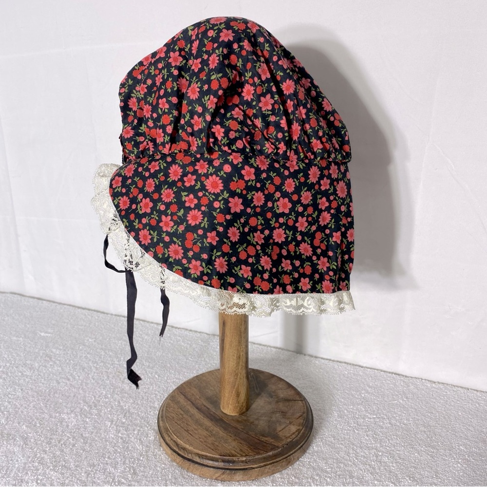 Vintage Handmade Black Pink Floral Bonnet with Lace Trim